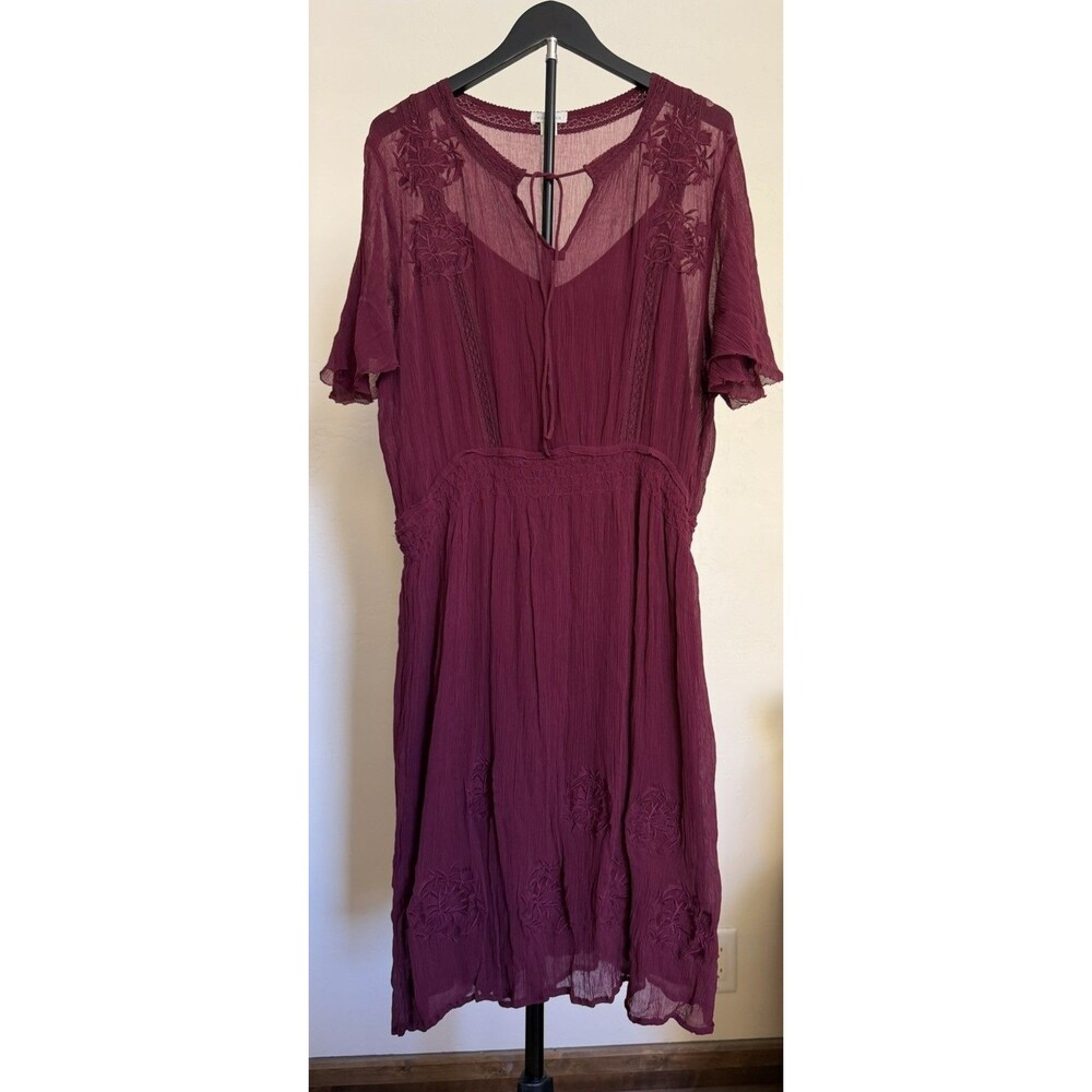 Sundance Arolyn Burgundy Chiffon Lace V-Neck Flutter Sleeve Knee Dress XXL Boho